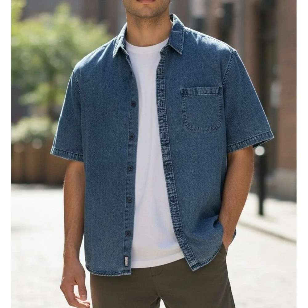 Quiksilver Men's Short Sleeve Denim Blue Chambray Button-Up Shirt Modern Fit XXL